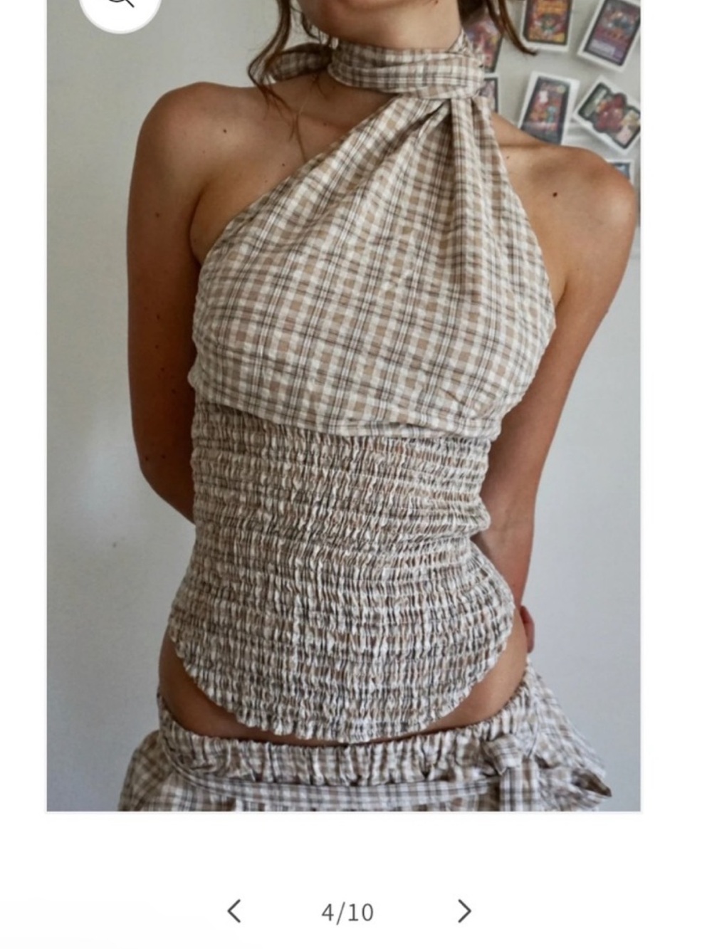 Plaid Halter Smocked Crop Top in Beige & Cream